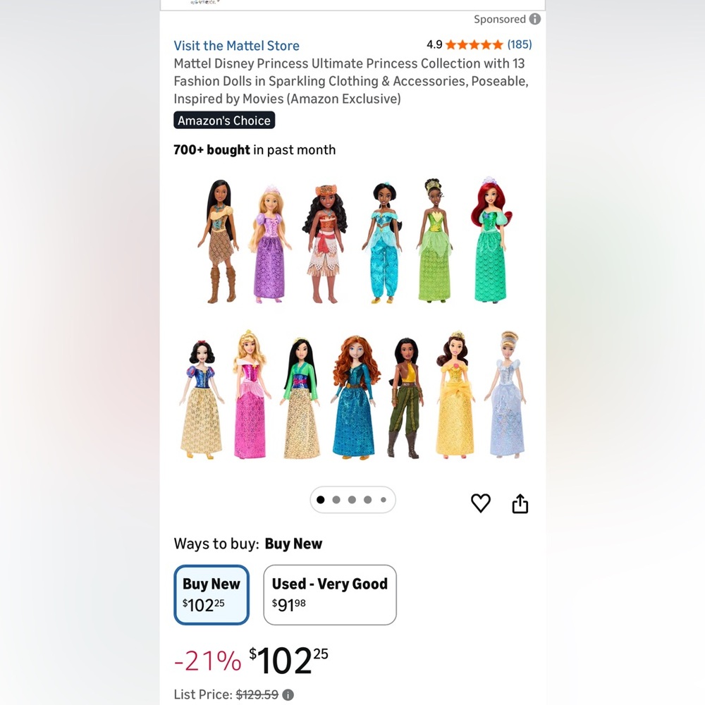 Disney Princess Doll Collection Mattel Brand New